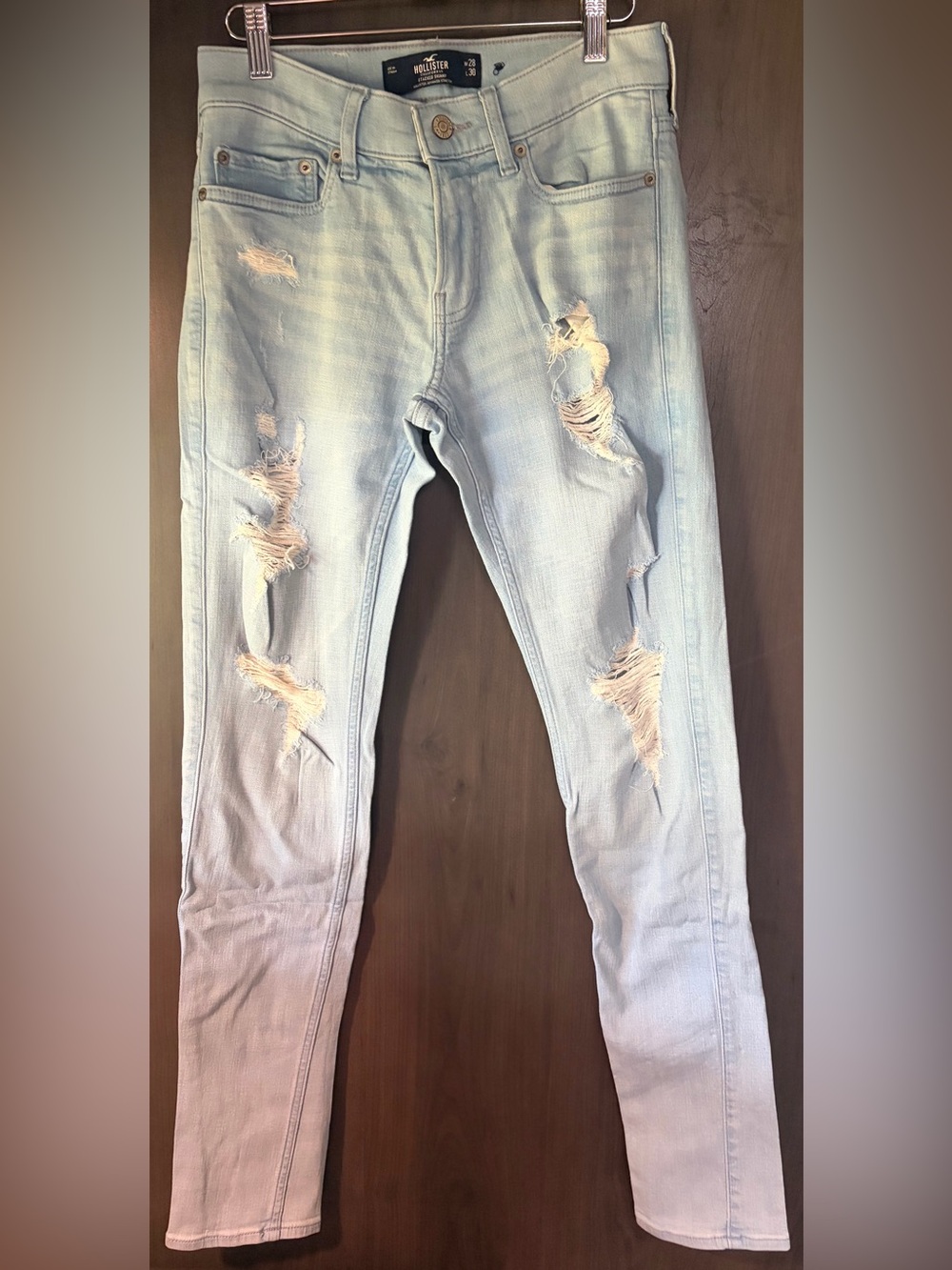 Hollister Light Blue Distressed stacked Skinny Jeans 28x30